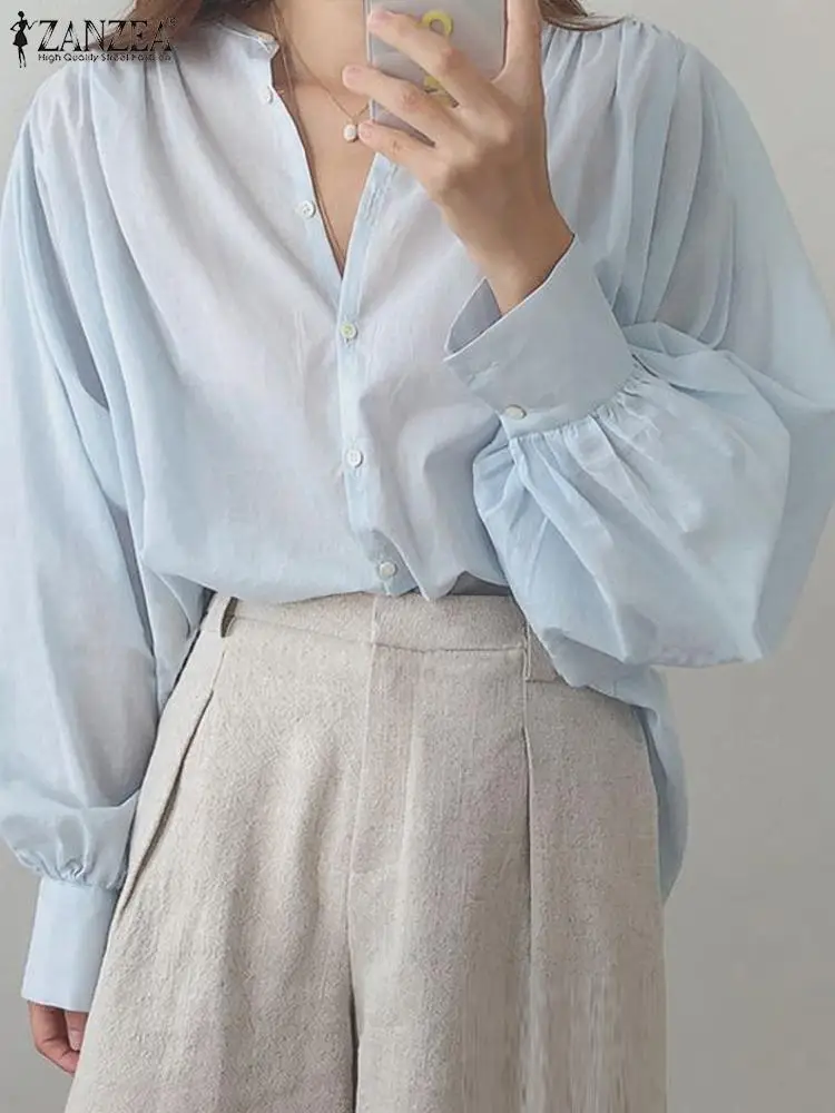 

ZANZEA Leisure Loose Thin Blusas Mujer Women Long Sleeve Shirt 2023 Autumn Solid Color Simple Tops Korean Fashion Pleats Blouse