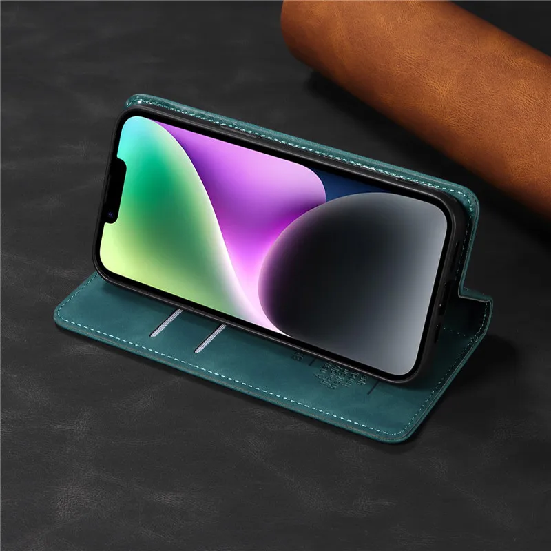 Leather Flip Cover Wallet with Card Holder and Magnetic Closure - Anti-theft Protection