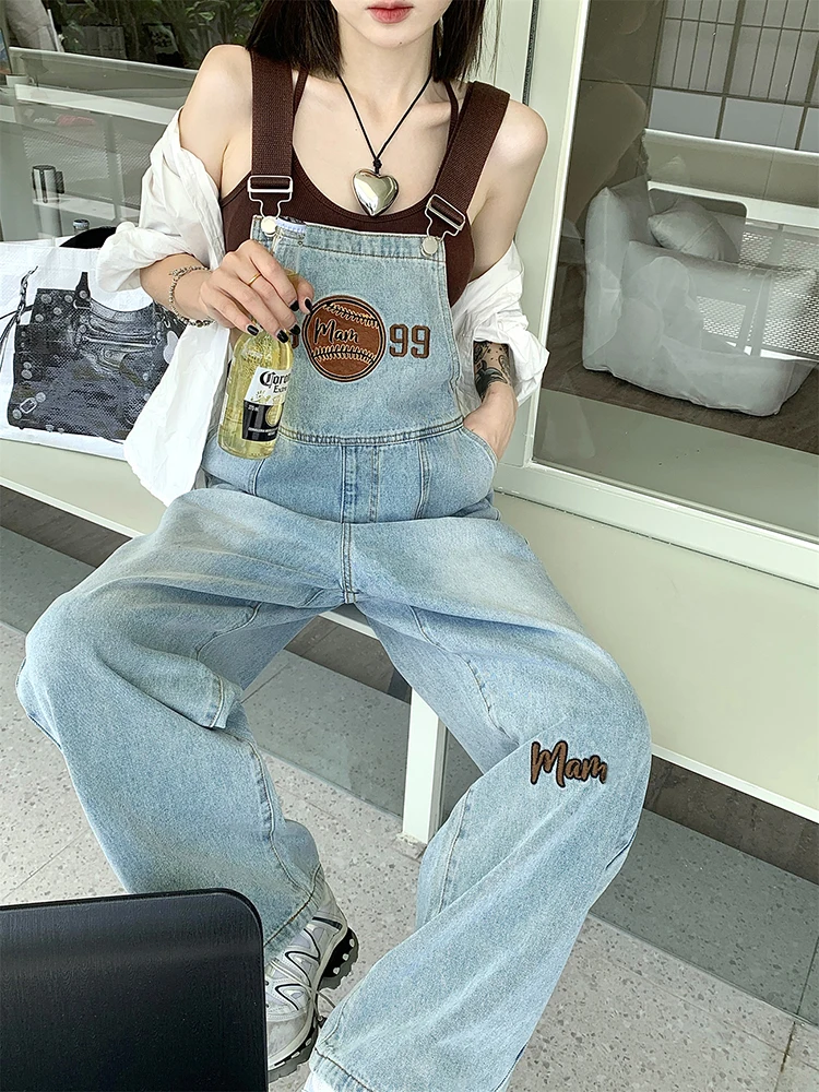 American Vintage Embroidery Letters Denim Jumpsuit Women High Waist Loose Wide Leg Straps Jeans Streetwear Overall Trousers