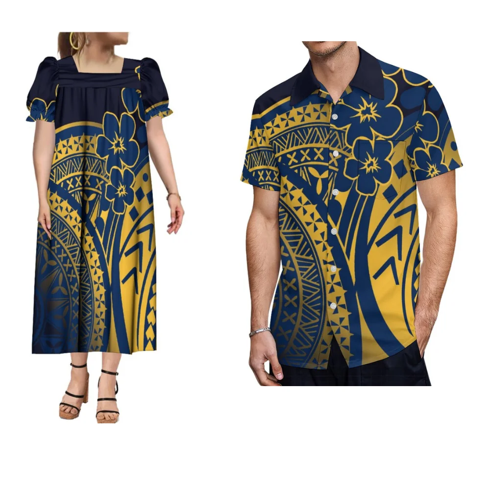 

2023 Summer Casual Dress Fashion Couple Elegant Women's Dress With Men's Shirt Custom Made In Polynesian Tribal Print