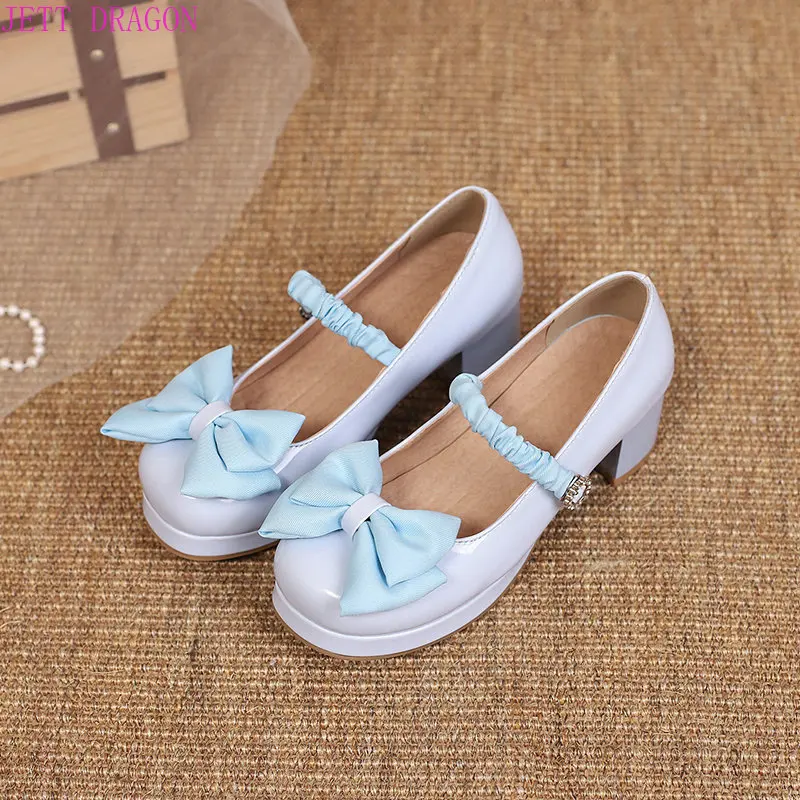 

Japanese Lolita Party Classic Mary Jane Shoes Casual Cosplay Ankle Buckle High Heels Sweet Bow Dress Pumps Plus Size 43