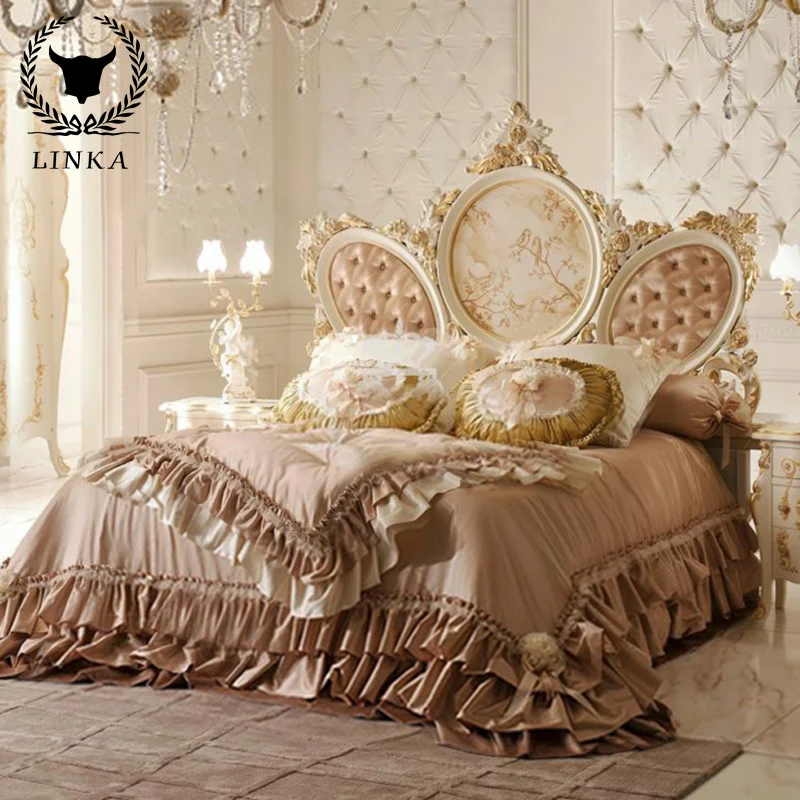 

Customizatio 1.8m European Solid Wood Carved Double Bed French Cloth Luxury White Painted Villa Big Wedding High-end Furniture