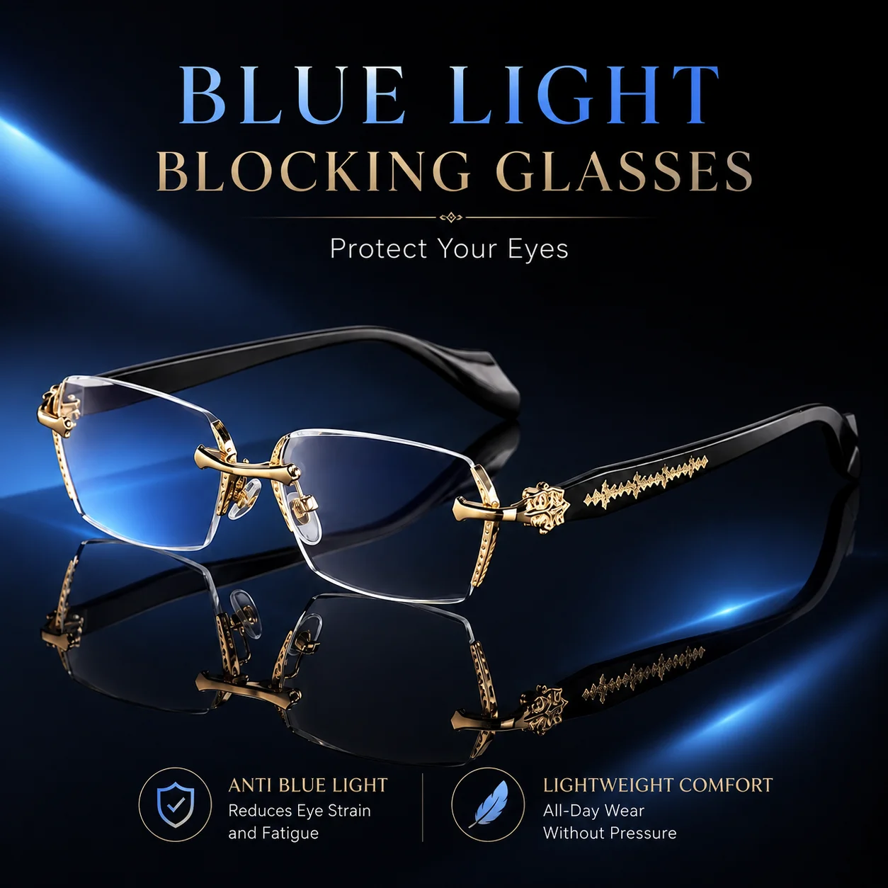 Rimless Vintage Rectangle Blue Light Blocking Glasses with Clear Lenses