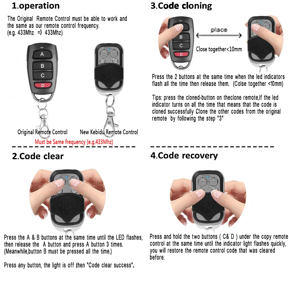 433MHz 4CH Remote Control Duplicator Key Fob Distance Remote Control 433.92MHZ Clone for Garage Door Gate With 12V 27A Battery garage remote control