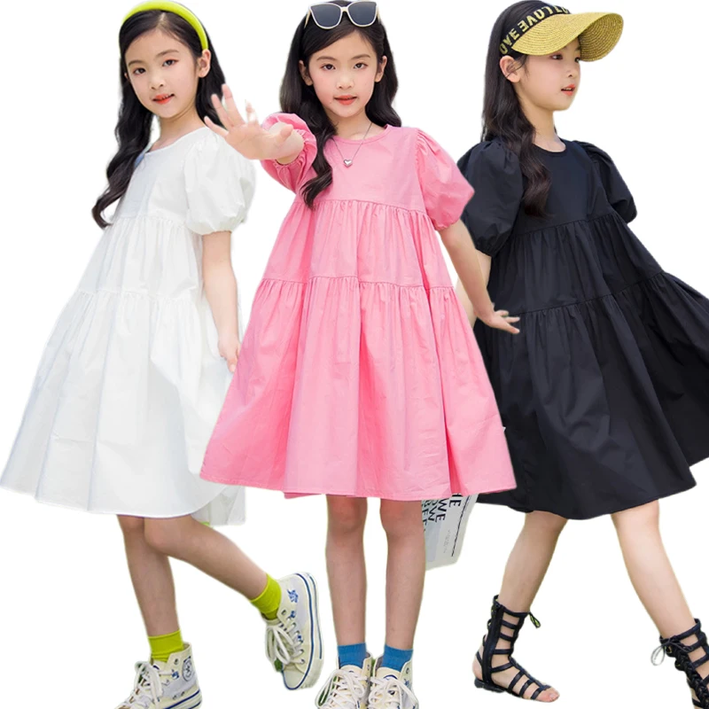 

Girls Summer Cake Dresst 2023 New Teen Pure Cotton Bubble Short-Sleeved Wear Children White Loose Skirt Black Princess Skirt