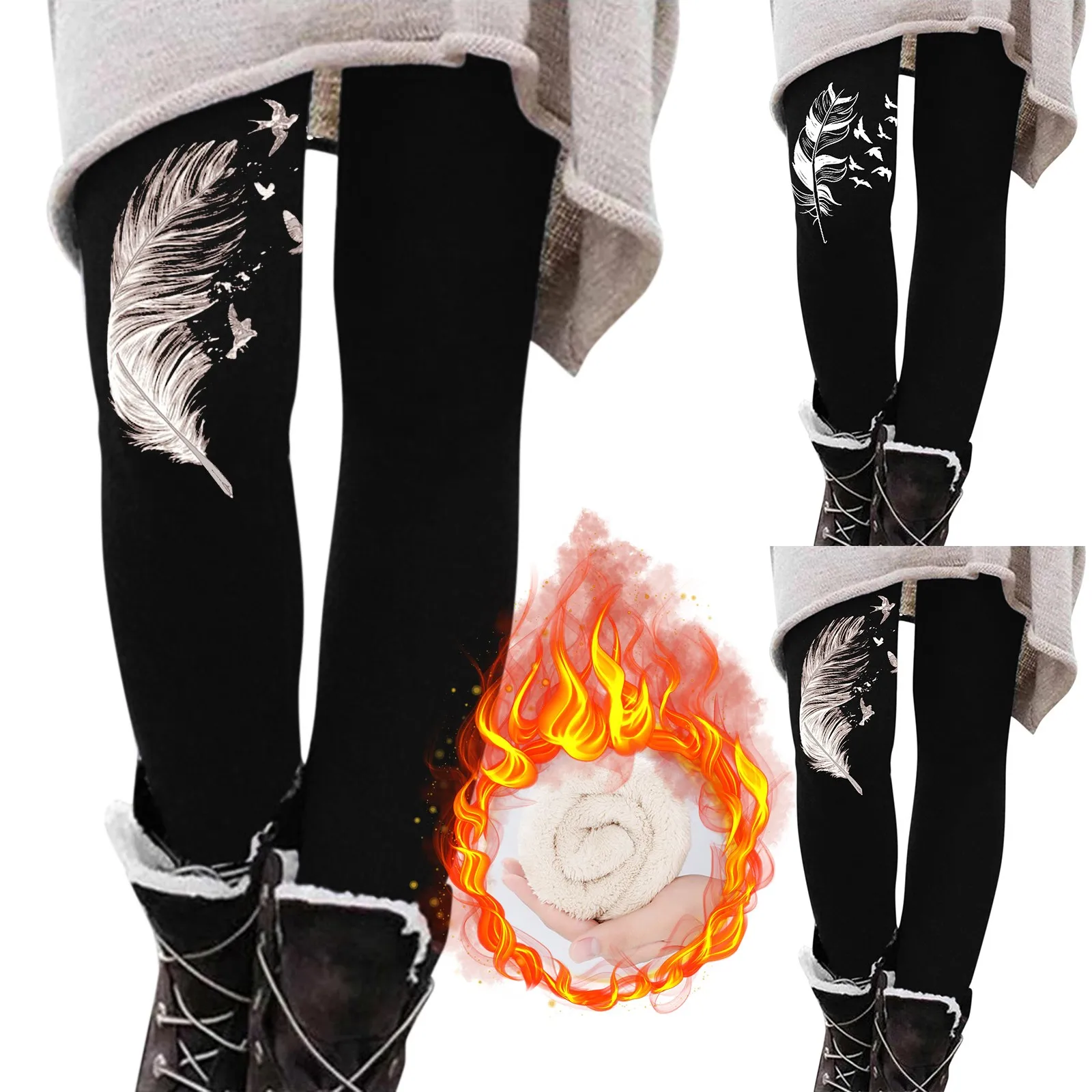 Womens Winter Casual Leggings Elastic Waist Thermal Capris Workout Trousers Thermal Prints Pants