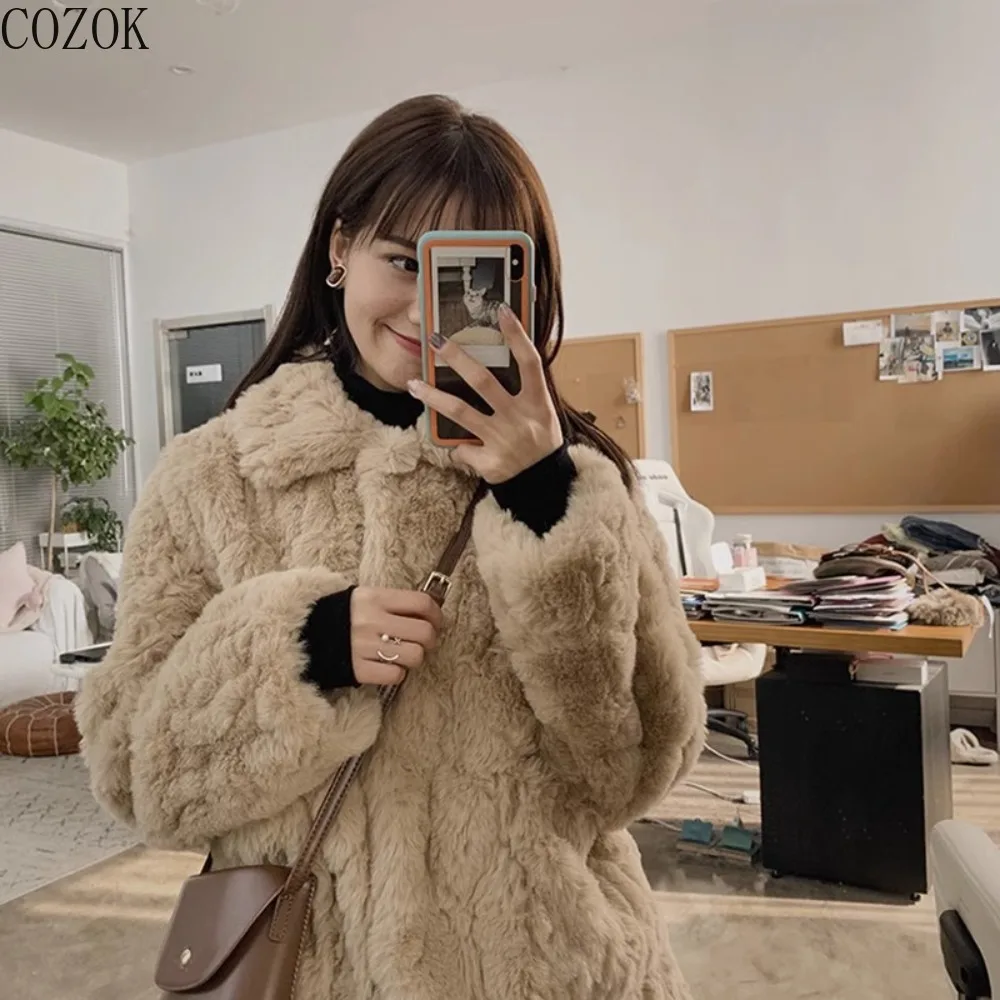 

COZOK Spring, Autumn and Winter New Lamb Hair Apricot Coat Women's Short Imitation Fur Rabbit Plush Thickened Fur Coat Jacket
