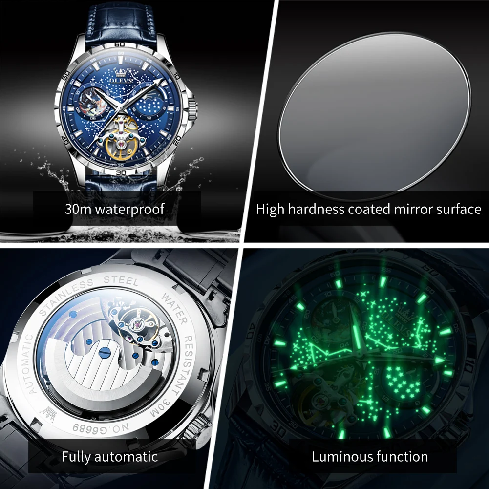 OLEVS New Fashion Starry Sky Dial Mechanical Watch for Men Leather Strap Waterproof Moon Phase Automatic Tourbillon Watches Mens