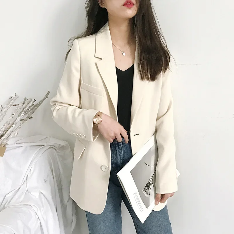 

Women Korea Loose Blazers Beige Black England Style Office Lady Work Suits 2023 Woman Spring Autumn Single Breasted Blazers New