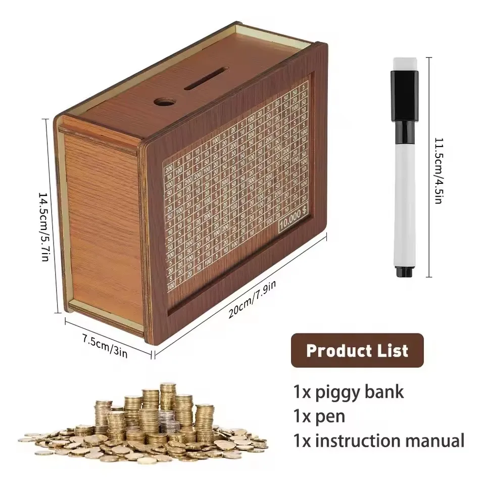 Wooden Money Box with Savings Goal and Numbers Reusable Money Storage Case for Adults Child Piggy Bank Crafts Saving Box