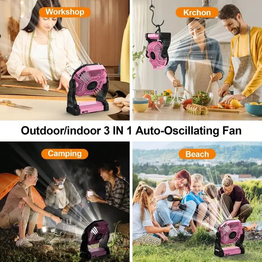 Batterijgevoede LED-lantaarn met koude lucht, tafelventilator met dubbele motor, 4 instelbare snelheden en ophanghaak, draagbare buitenventilator._voghion.com