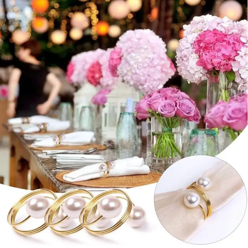 12-2PCS Metal Napkin Ring Imitation Pearls Napkin Buckle Holders For Wedding Christmas Banquet Home Dining Table Decors