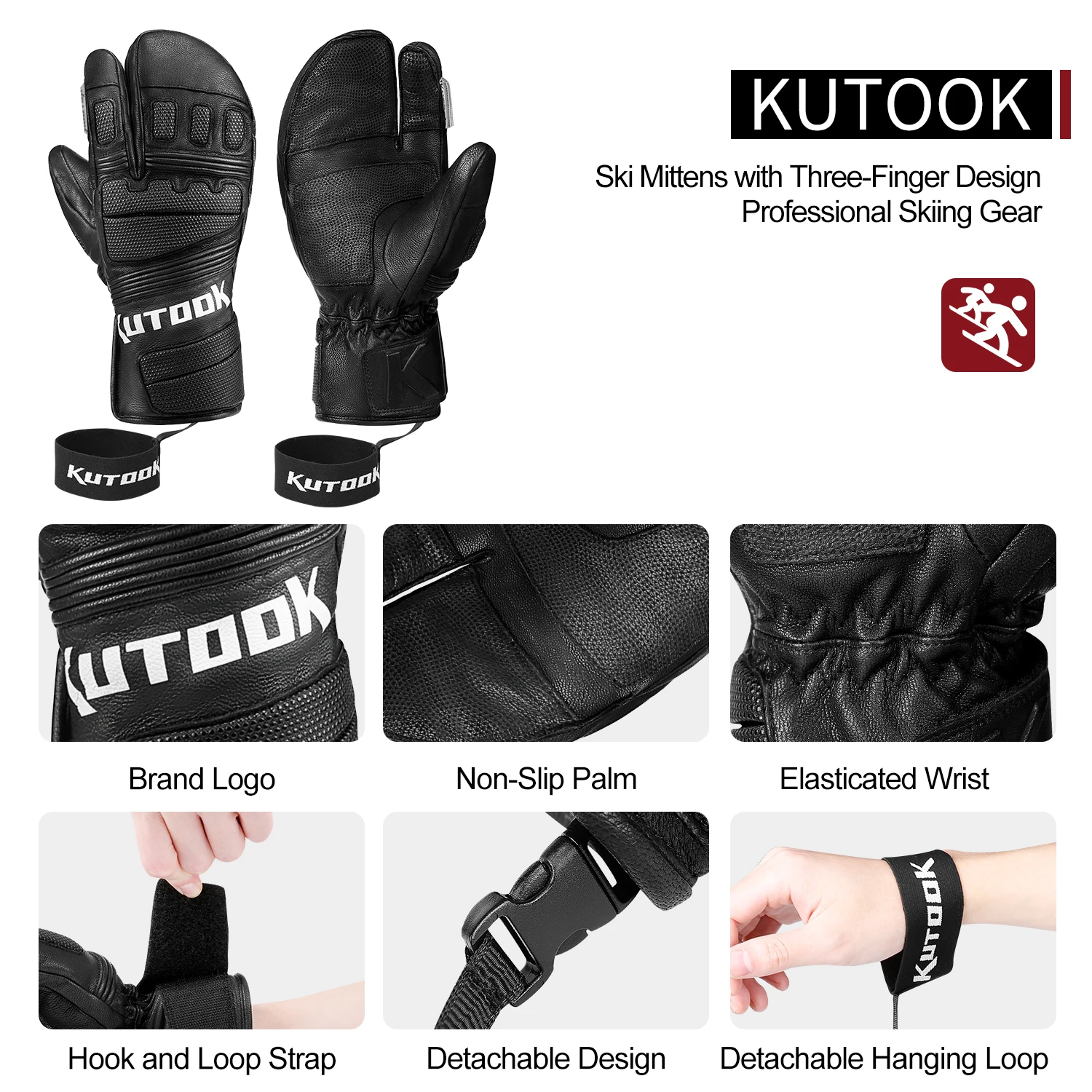 KUTOOK Winter Snowboard Ski Gloves Goat Skin Thermal Skiing Snow Gloves Snowmobile Mitten Outdoor Gloves Waterproof  Accessories 5