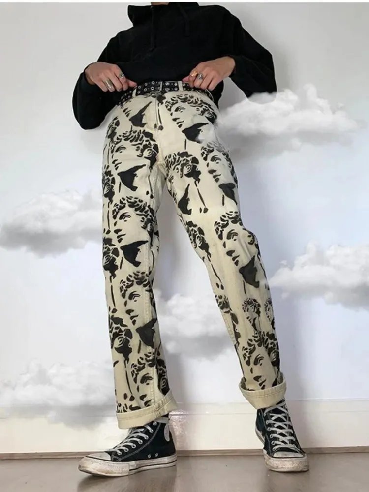 

Pop Printed Statuary Jeans Loose Straight Men Denim Biker Casual Pants Hip Hop Man Jean Hombre Pantalon Artistic Work Size S-3XL