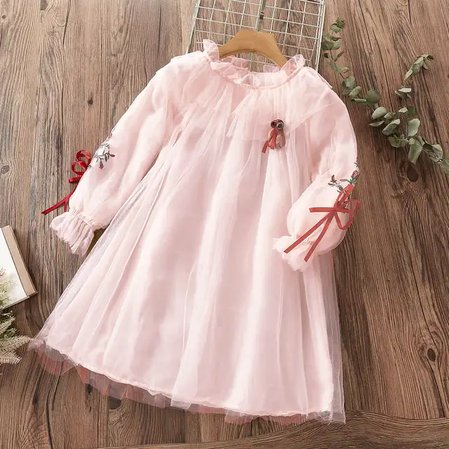 Spring Girls Princess Dress Long Sleeve Children Clothing Floral Sweet Family Party Wear Tulle Baby Girls Dress Vestidos 3-14Y cs-pink