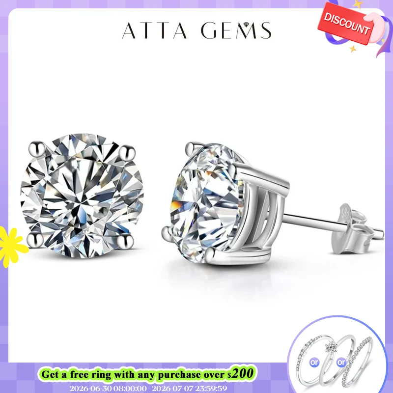 ATTAGEMS 2 Carat 8.0mm D Color Moissanite Stud Earrings For Women Top Quality 100% 925 Sterling Silver Sparkling Wedding Jewelry