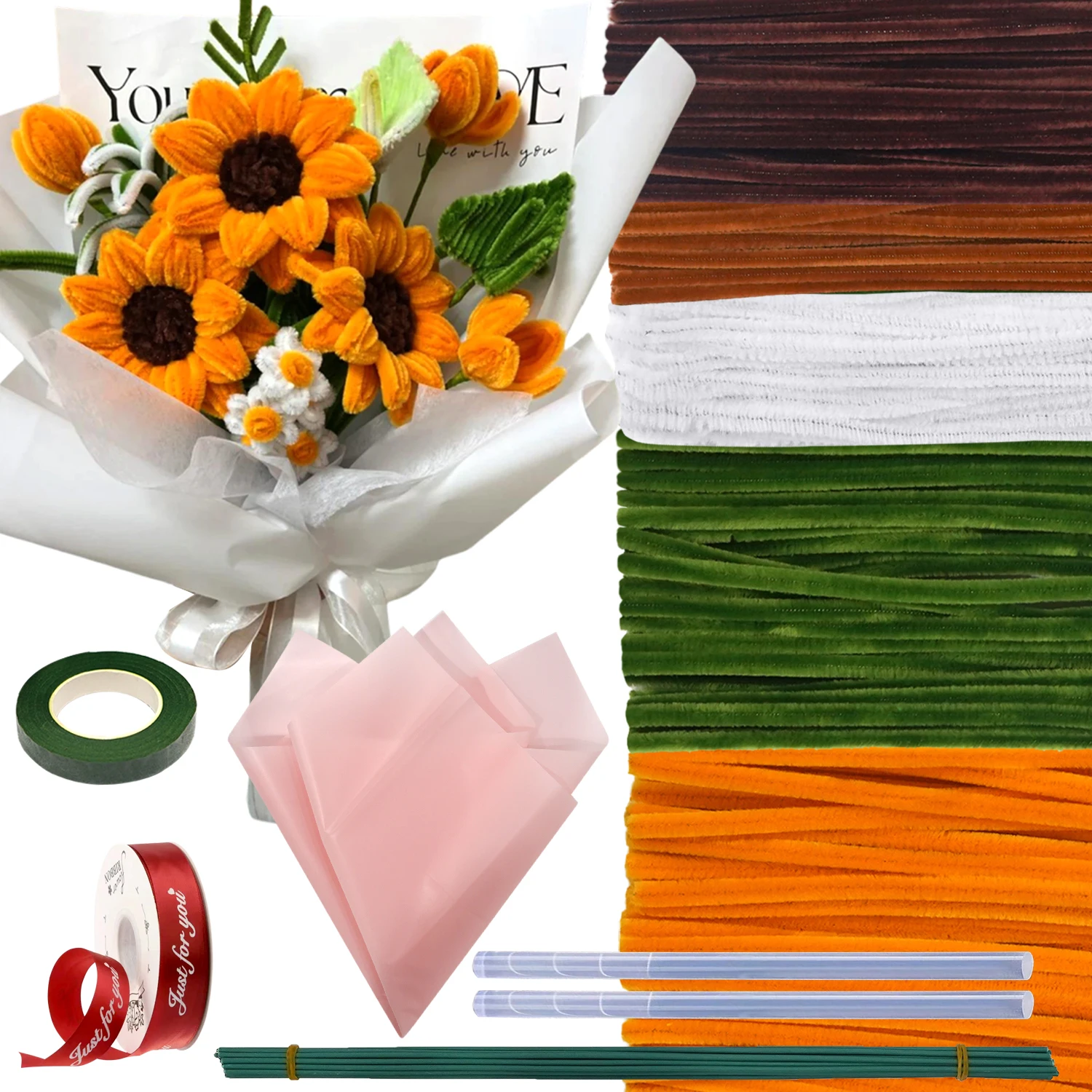 Sunflower Pipe Cleaners 280pcs Flower Stem Wire 20 Garden Tape 1 Warp Paper Silk Ribbon 2 Glue Stickers chenille pipe cleaners chenille craft supplies