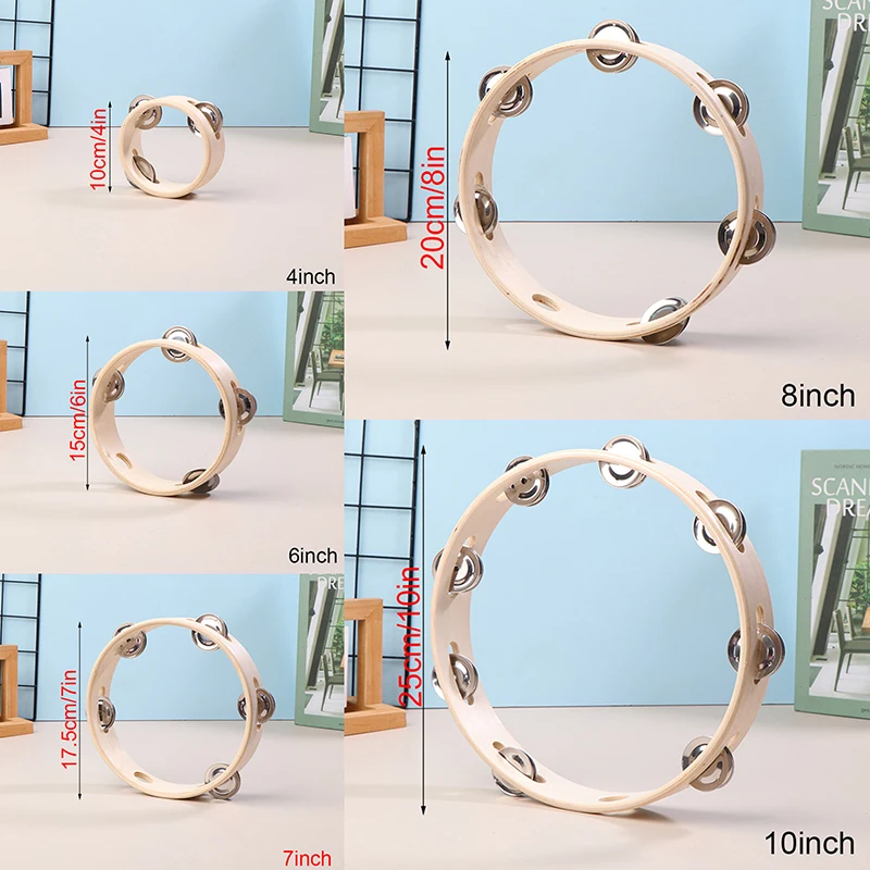 4/6/7/8/10Inch Hand Drums Toys Education Orff Musical Instrument Tambourine Hand Cranked Bell Single Row Wooden Tambourine Rings
