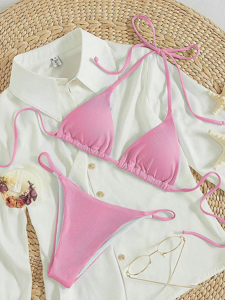 

Women Swimwear Bikinis Swimsuit 2022 New Lace Up Solid Bikini Set Sexy Backless Two Piece Beach Wear Female Summer Bathing Suit