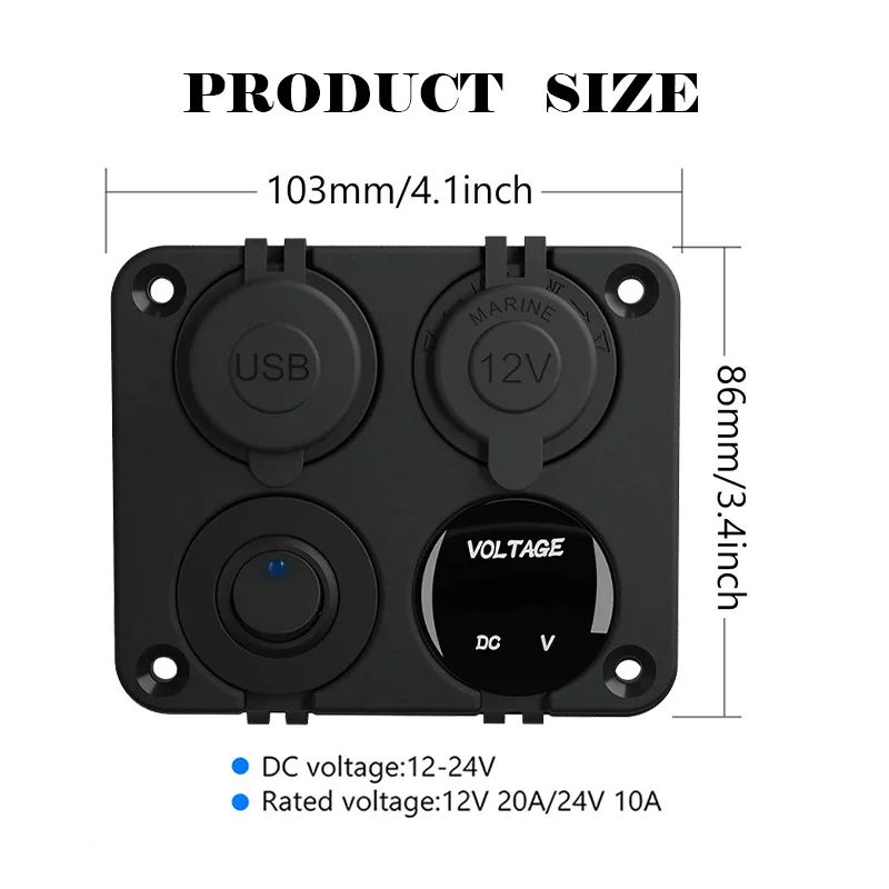 4 in 1 차량용 충전기 12V 스위치 패널 QC3.0 듀얼 USB 충전기 LED 전압계 12V ON/OFF 토글 스위치 자동차 보트 용 담배 소켓