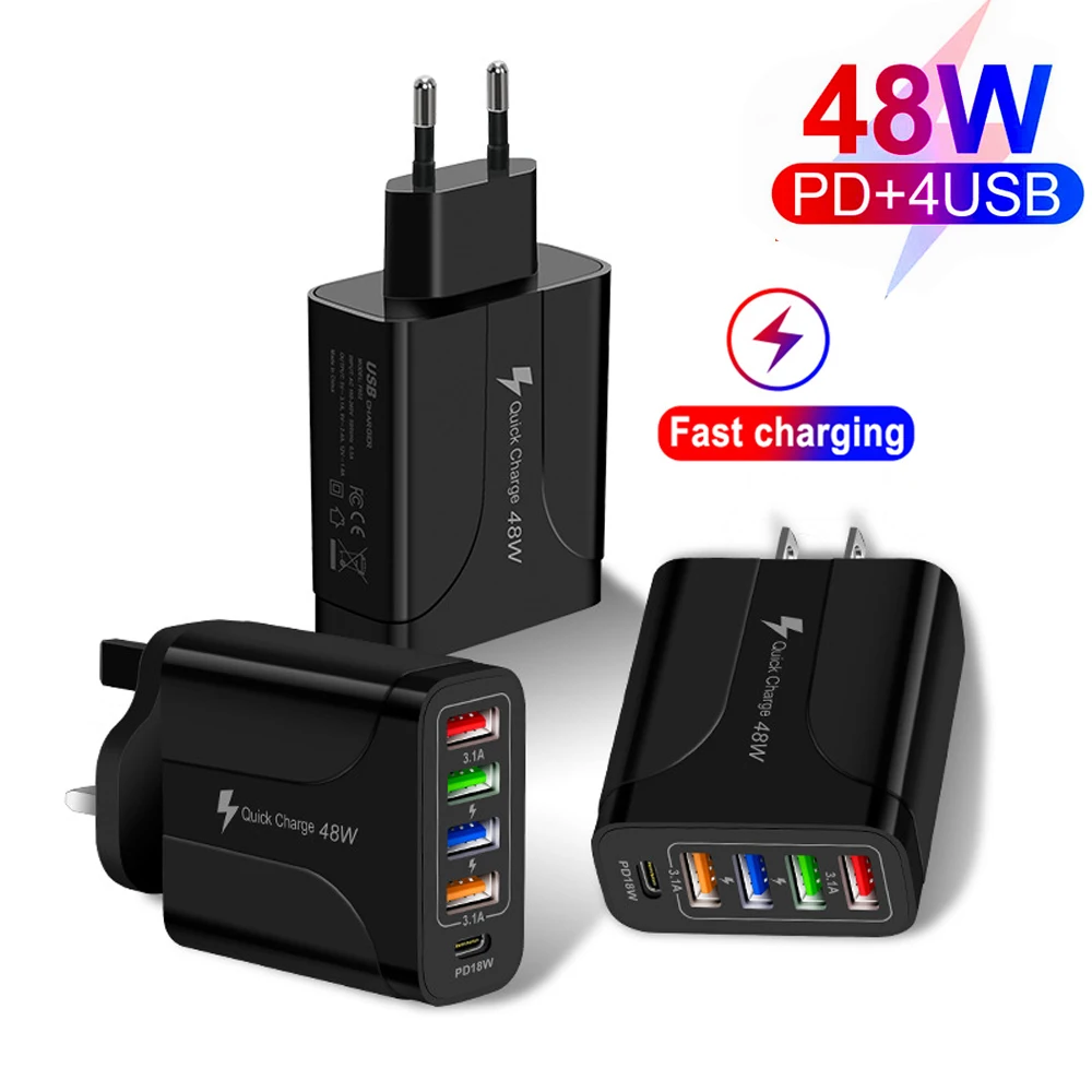 

48W 4.1A Fast Charger 4USB+PD QC 3.0 Quick Charging Charger Phone Adapter for iPhone 12 13 Pro Max Xiaomi Redmi Samsung Huawei