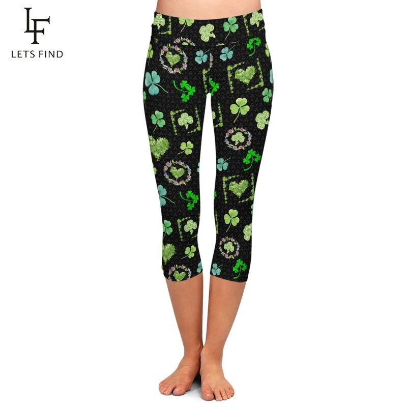 LETSFIND Beautiful Clover Design High Waist Capri Leggings Fashion Women Fitness Slim Mid-Calf Pants
