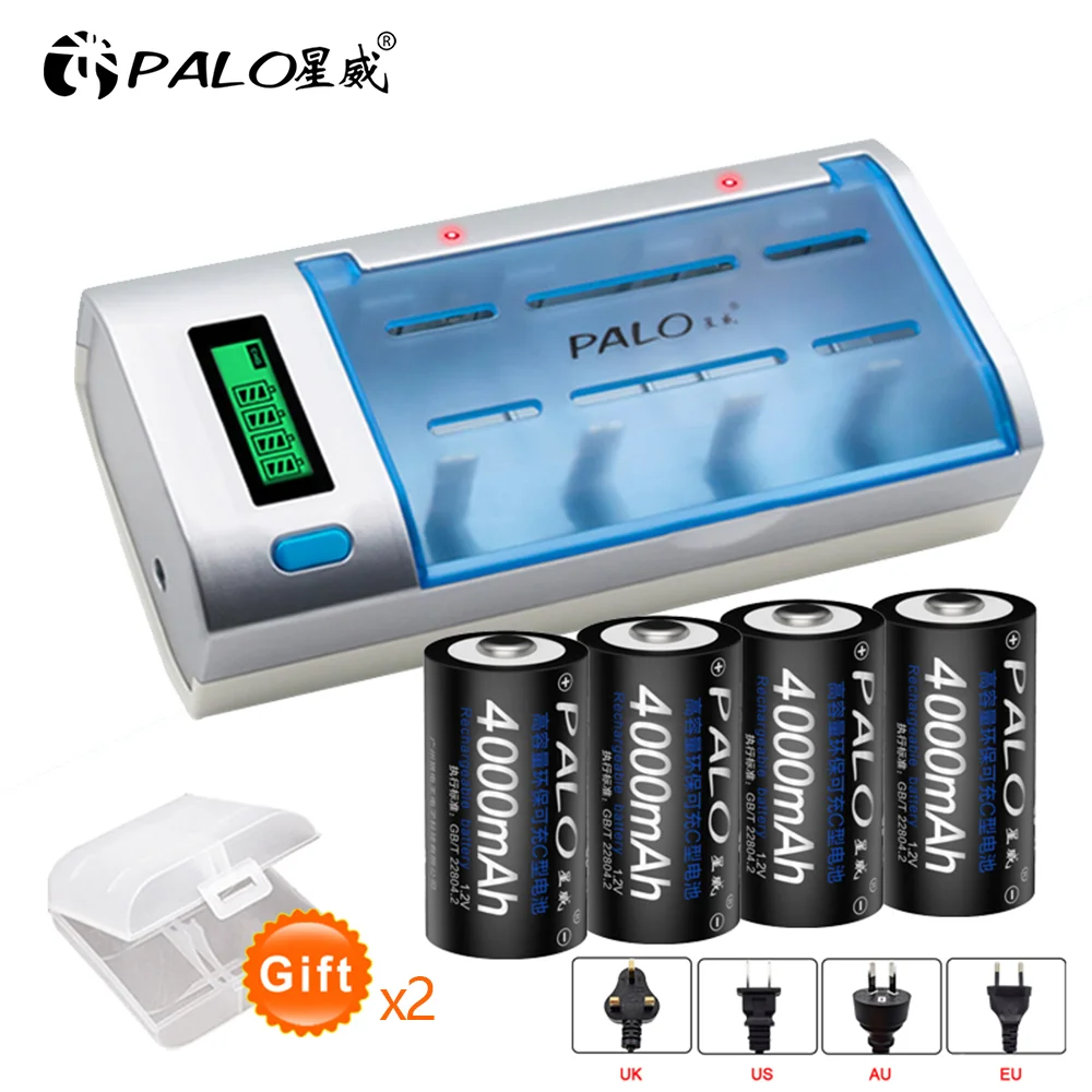 PALO R14 C Cell battery C size rechargeable battery 1.2V 4000mAh NI-MH + intelligent fast charging LCD charger for AA AAA C D 9V coin cell