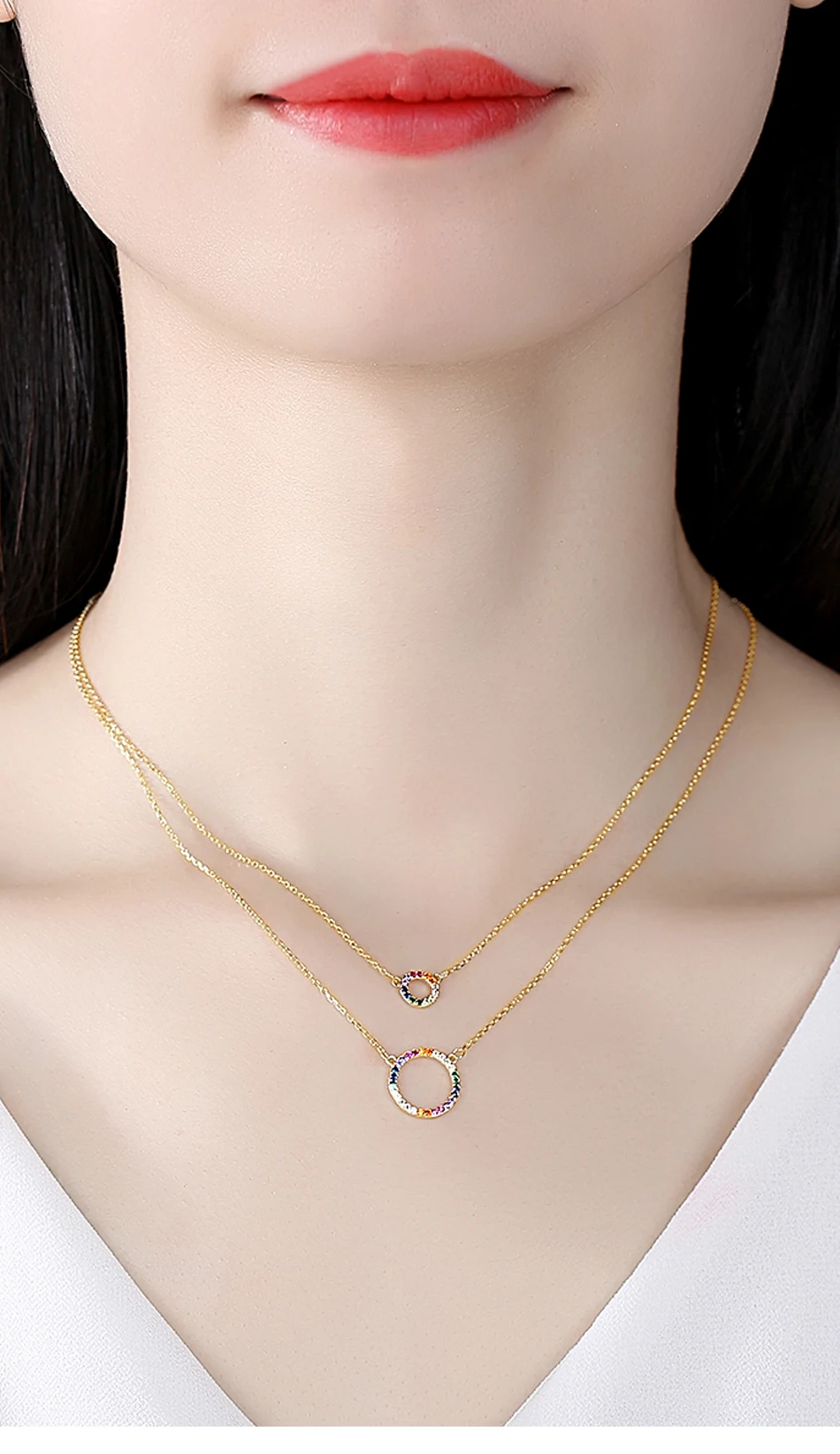 Collane con zirconi cubici piccoli CZ in argento sterling con cerchio a doppio strato, colore arcobaleno, davvero fini_voghion.com