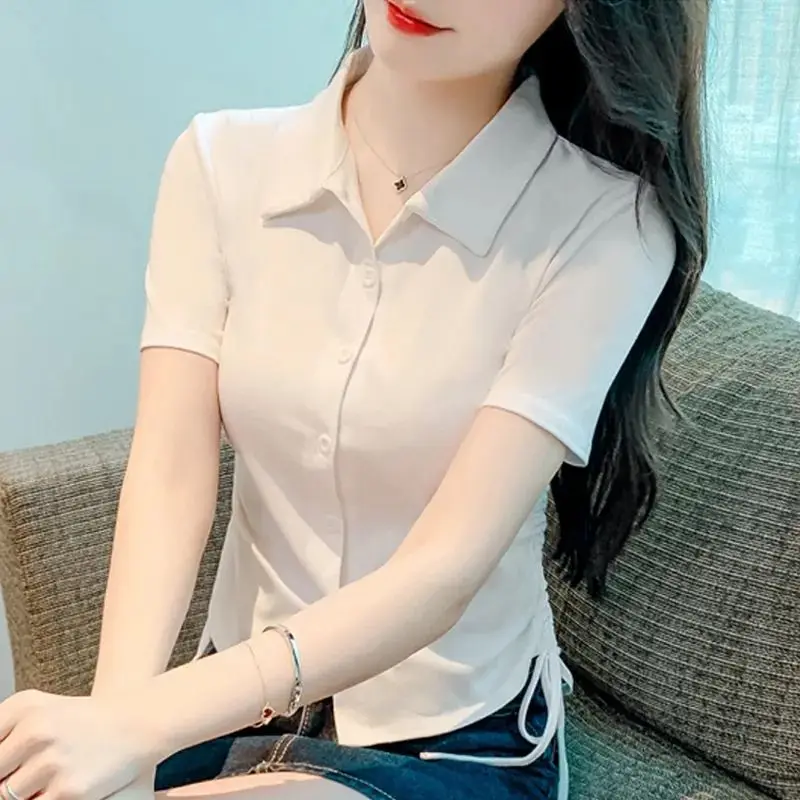 Elegant Lapel Solid Color Shirring Bandage Shirt Women Clothing 2024 Summer New Chic Tops Short Sleeve Office Lady Blouse
