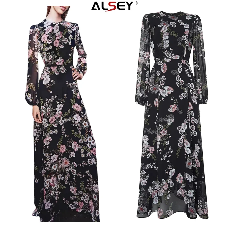 

ALSEY Vintage Design Women's Dresses Black Long Ankle Slim Skirt Long Sleeve Printed Waist Closing Skirt 2024 New Early Spring