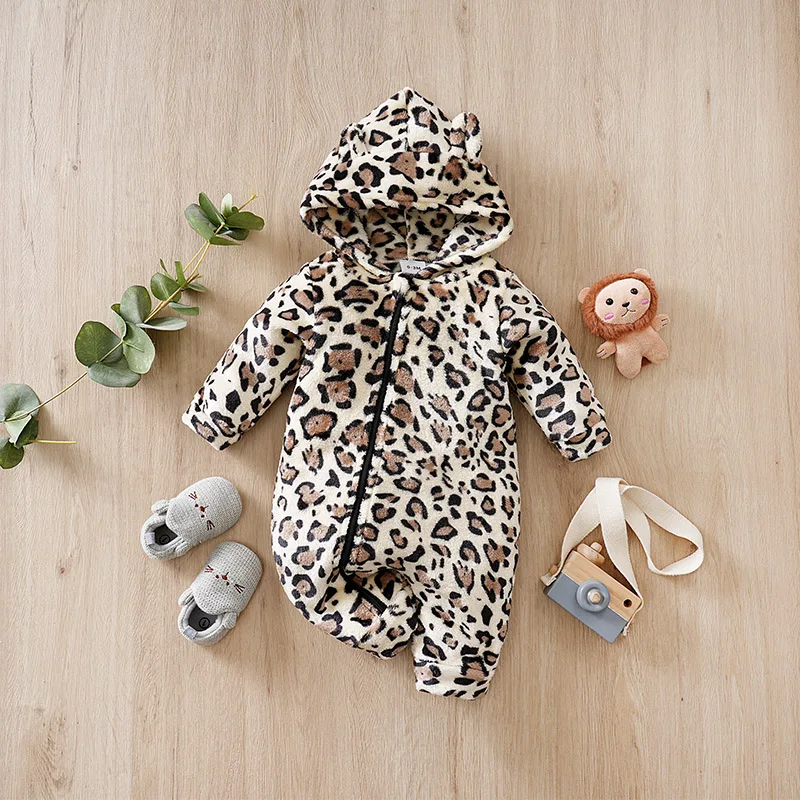 Newborn baby clothes Winter Baby Long-Sleeve Hooded Romper 0-18Months Boys and Girls Baby Warm & Cozy,Thick Leopard Print