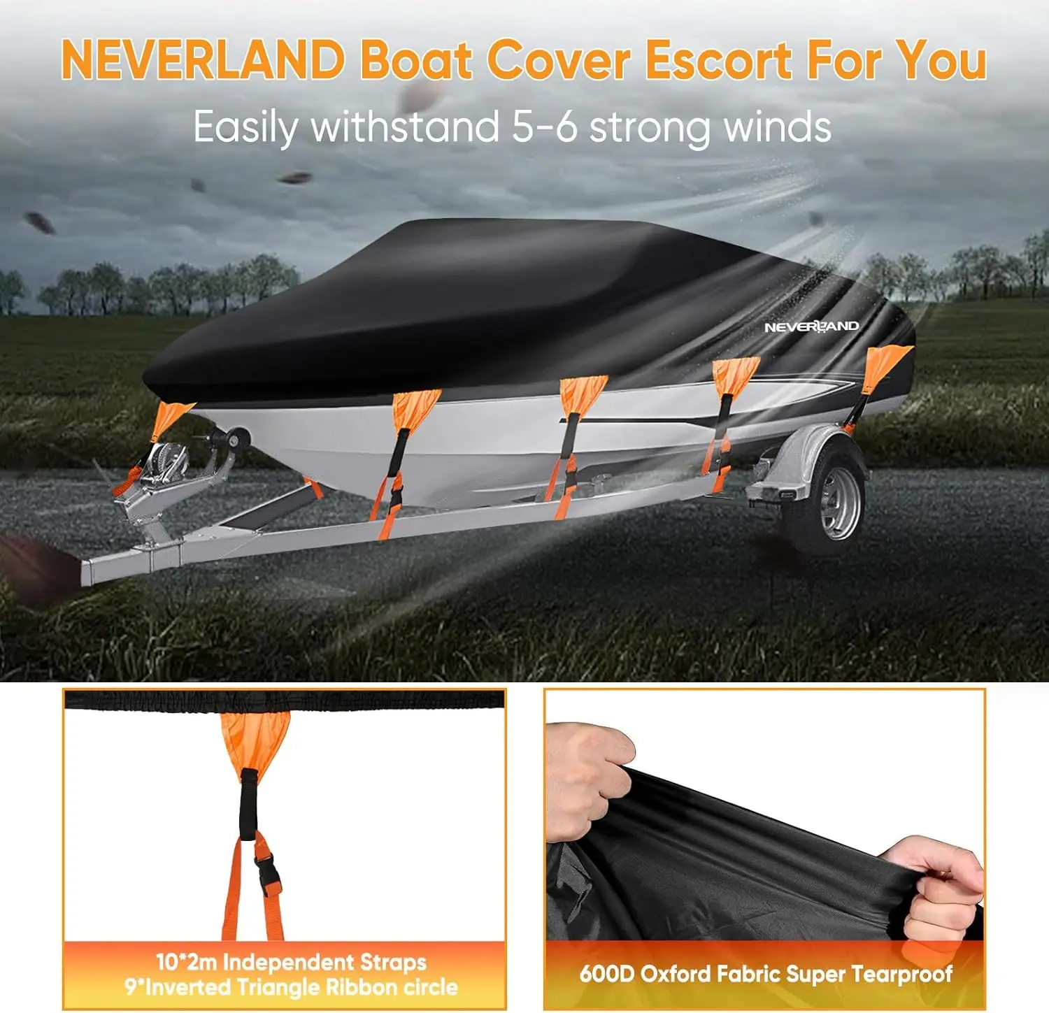 Boat Cover Heavy Duty Marine Grade Polyester Canvas Waterproof Trailerable Boat Cover Fits V Shape/V-Hull and Tri-Hull