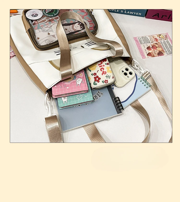 Y2K Nette Katze Ita Schulter Tasche Große Kapazität Frauen Casual Umhängetasche Kawaii Mädchen Transparente Tasche DIY Display Nylon Handtasche – Detail 9