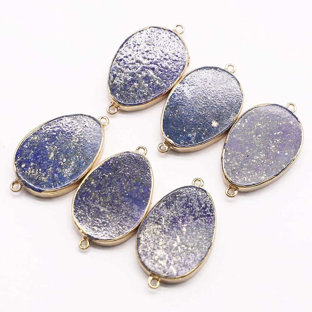Natural Stone Oval Pendants Connector Lapis Lazuli Flat Necklaces Mineral Healing Gold Plated Edge Charms Jewelry Wholesale 4Pcs