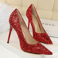 Women Luxury Bling Red  Blue Valentine Party Scarpins Pumps Lady Glitter Sequins 7cm 9.5cm High Heels Designer Shoes Plus Size - Image 2