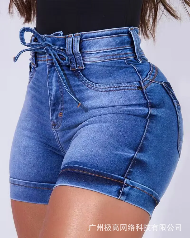 

High Waist Tied Detail Denim Shorts Women Sexy Fashion Casual Spring Summer Slim Skinny Denim Shorts Pants