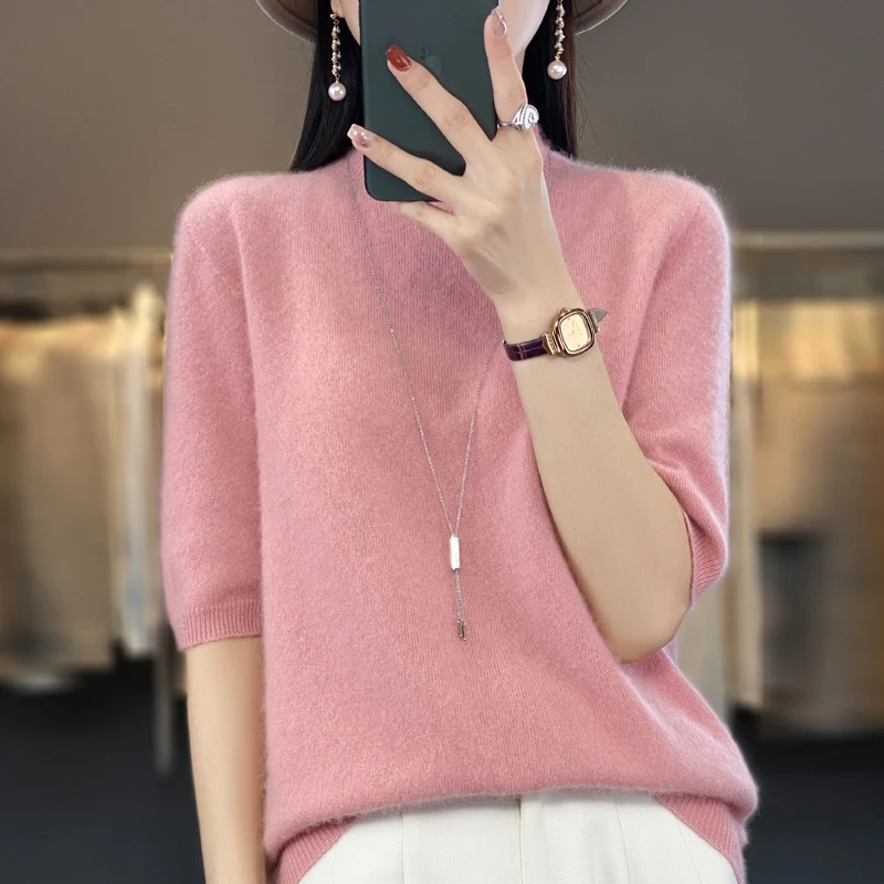 

First-line ready-to-wear 100% pure sweater women's semi-turtle neck short-sleeved loose sweater semi-sleeve bottoming shirt