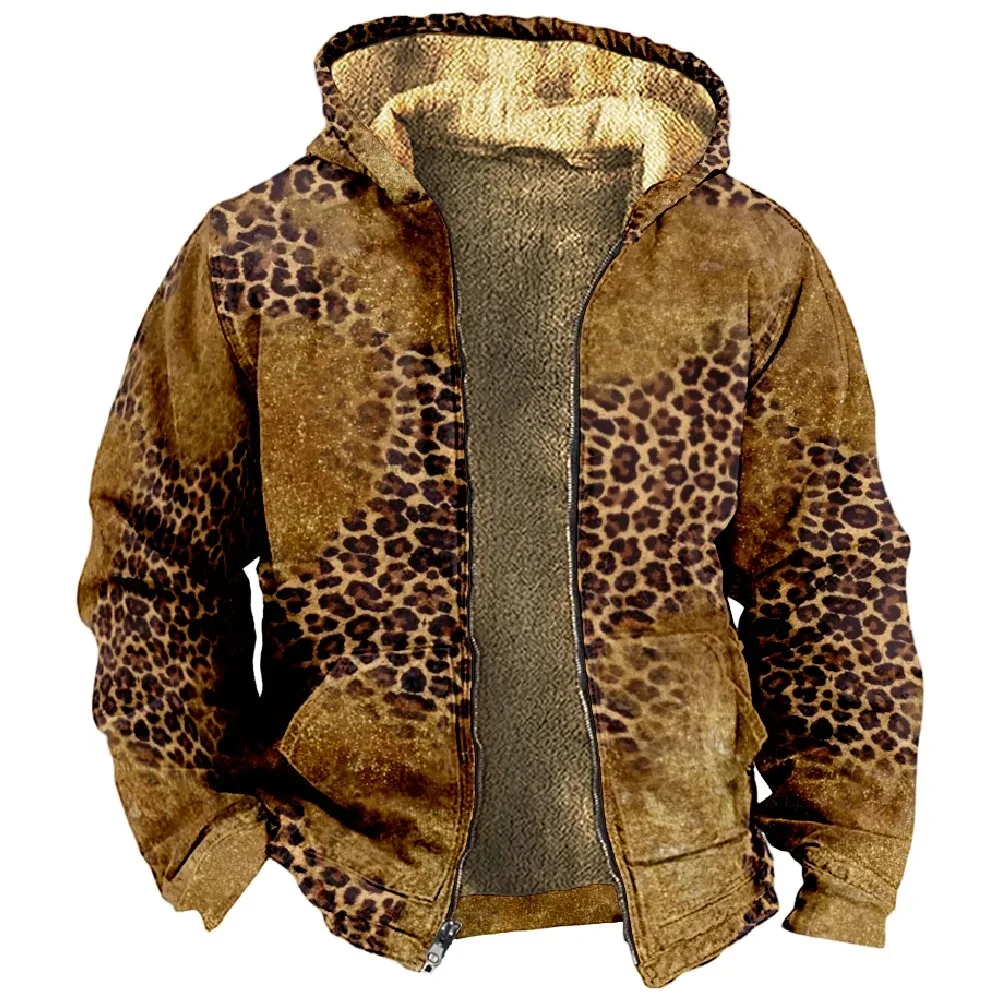 Winter Coats For Men Women Leopard Print Animal Tie Dye Hoodie Long Sleeve Stand Collar Zipper Sweatshirt Fashion Clothes 2024
