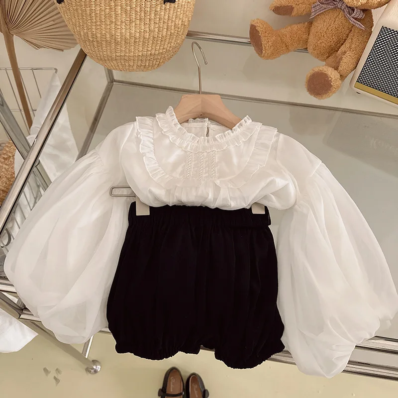 

Baby Girls Cute Puff Sleeve White Chiffon Shirt+Fluffy Solid Shorts Two Pieces Children Spring Clothing Suits 2-8Y Kids Sets