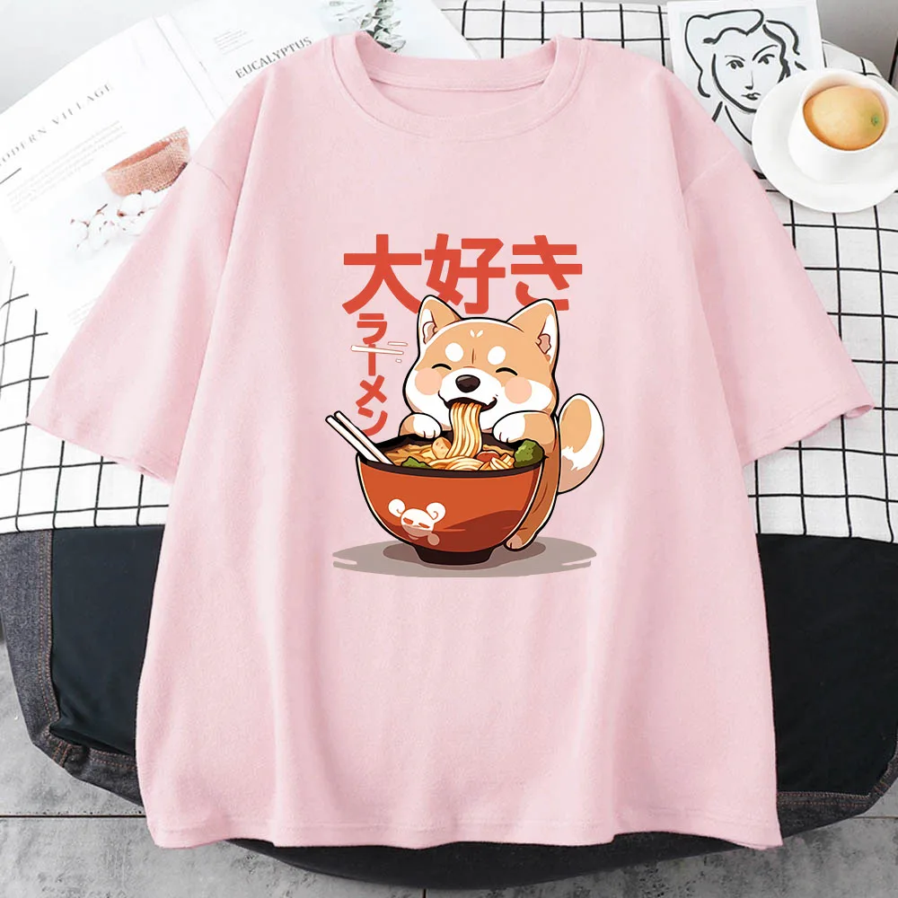 Shiba Inu Enjoying Ramen T-shirts 100% Cotton High Quality Summer Tee-shirt Casual Women/Men Kawaii Tshirt Cute Girls Shirts 4