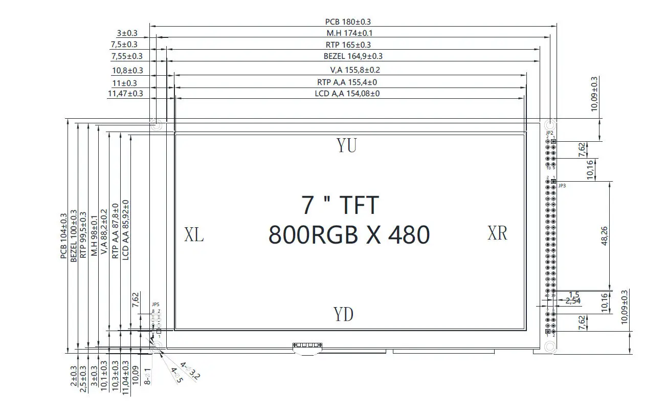 7 inch LCD Display Module w/Optional Touch Screen Panel,I2C/SPI/Parallel Interface,RA8875 Controller
