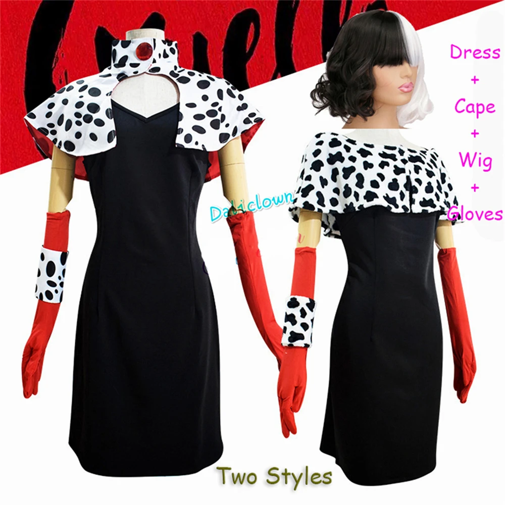 Movie Cruella De Vil Costume Donna Super Cattivo Cruella Cosplay Halloween Party Costume Donna Vestito Sexy Con Cappotto Parrucca Mantello
