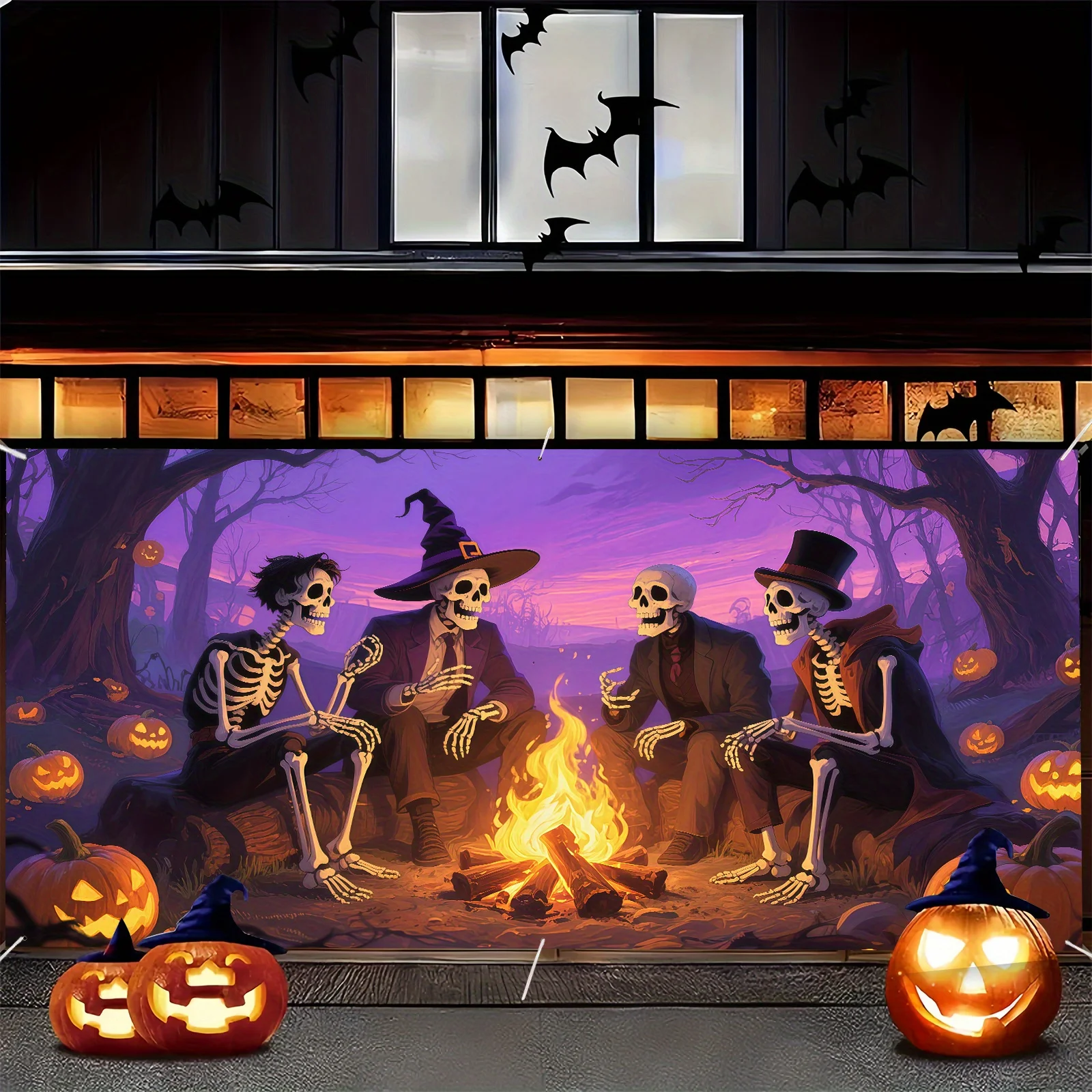 1-teilig aus Polyester mit einer extra großen Halloween-Garagentor-Banner-Dekoration und einem Totenkopf-Hintergrund – Detail 9