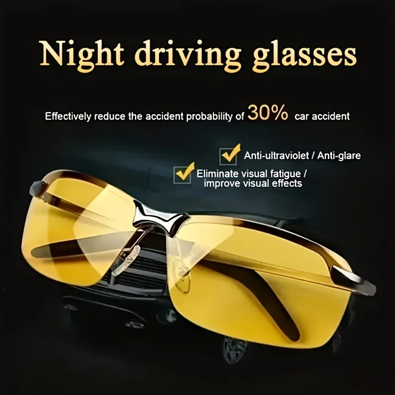 Night Vision Sunglasses Driving Glasses 2PCS Pro Night Vision Driving Glasses Enhanced Visibility Semi-Rimless Design UV400 Protective Comfort for Night Driving