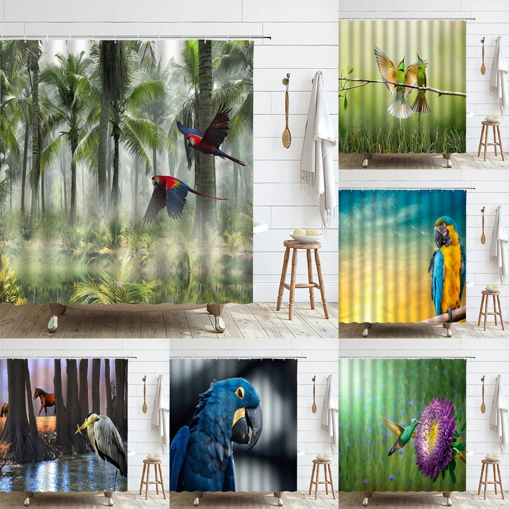 

Birds Hummingbird Shower Curtain Colorful Tropical Jungle Parrots Nature Forest Flowers Landscape Fabric Bathroom Decor Curtains