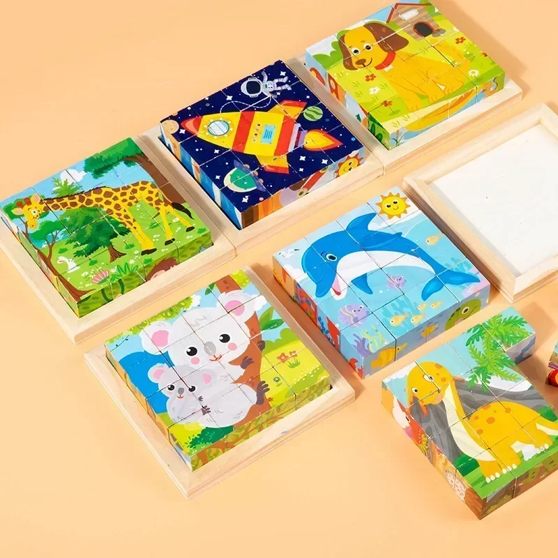 Baby Wooden Blocks Toys Children Six Side Cube Jigsaw Puzzles Game Animal Fruit Traffic Cognize Early Learning Educational Toys 3