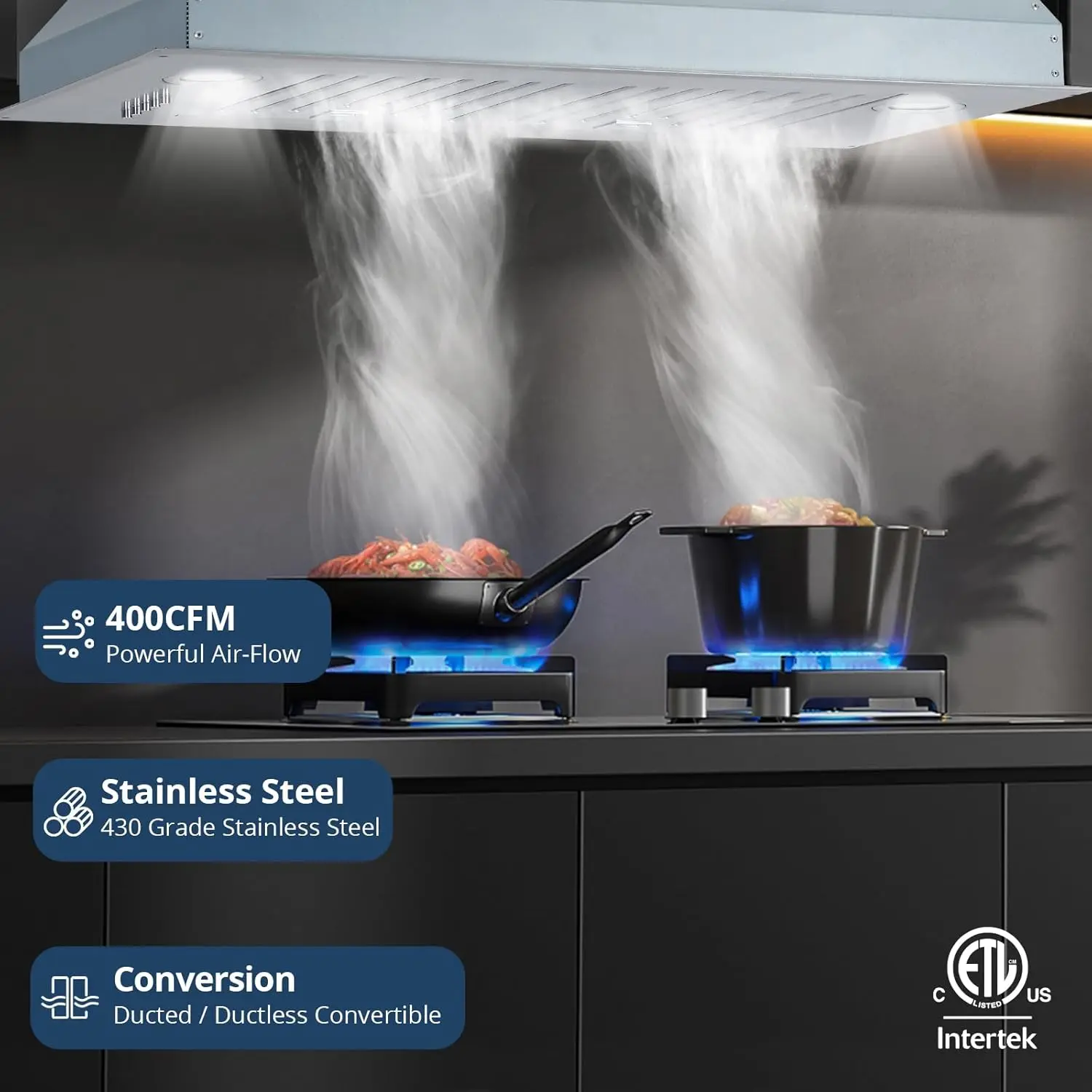 Range Hood, 30 inch Built in Kitchen Vent Hood with Stainless Steel Baffle filters Insert Stove Hood, 400 CFM Range Hood