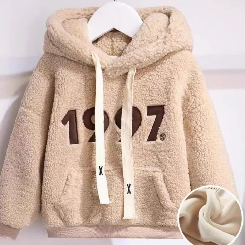 

Autumn Winter Girls' Fleece-lined Thick Lambwool Hoodies Middle Big Kid Tops Baby Fashion Warm Sweatshirts Children's Clothing