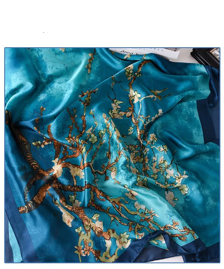 Van Gogh Ölgemälde Aprikose Blumen Seidenschal Frauen Designer Baum Schal Lange Bandana Foulard Femme Luxus Schals 180*90 cm – Detail 6