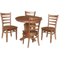 36-Inch Solid Wood Round Dining Table Set with Leaf, 4 Chairs, Distressed Oak Finish, Pedestal Base - Image 2